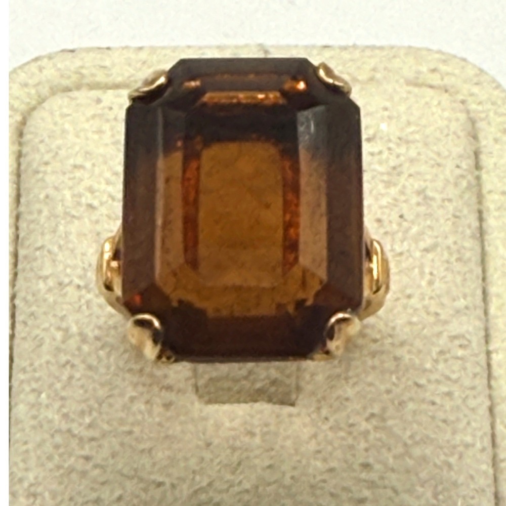 Vintage Avon Gold Tone Emerald Cut Smoky Topaz Glass Cocktail Ring Size 6